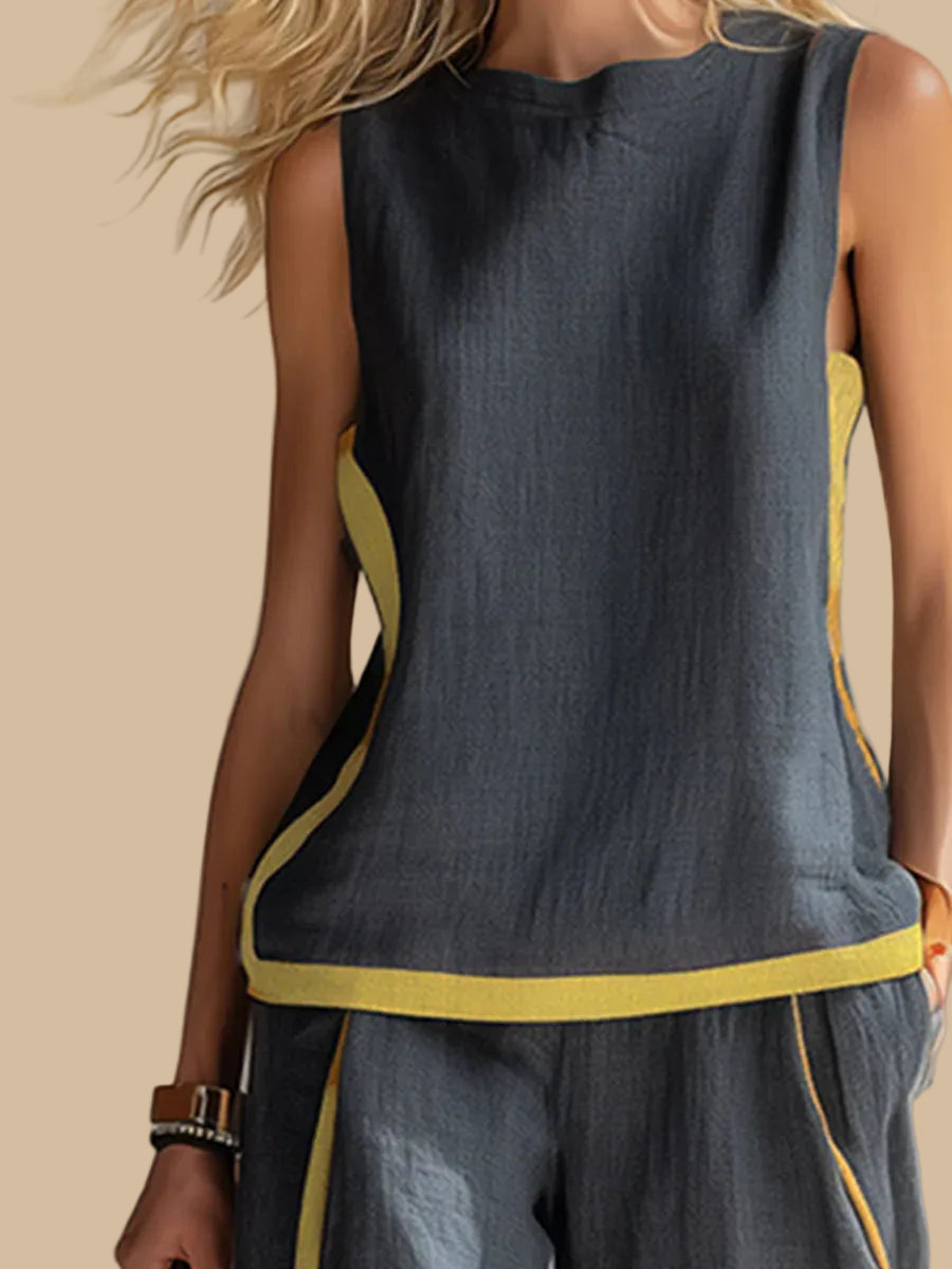 Conjunto fluido de lino con pantalón ancho y detalle en contraste