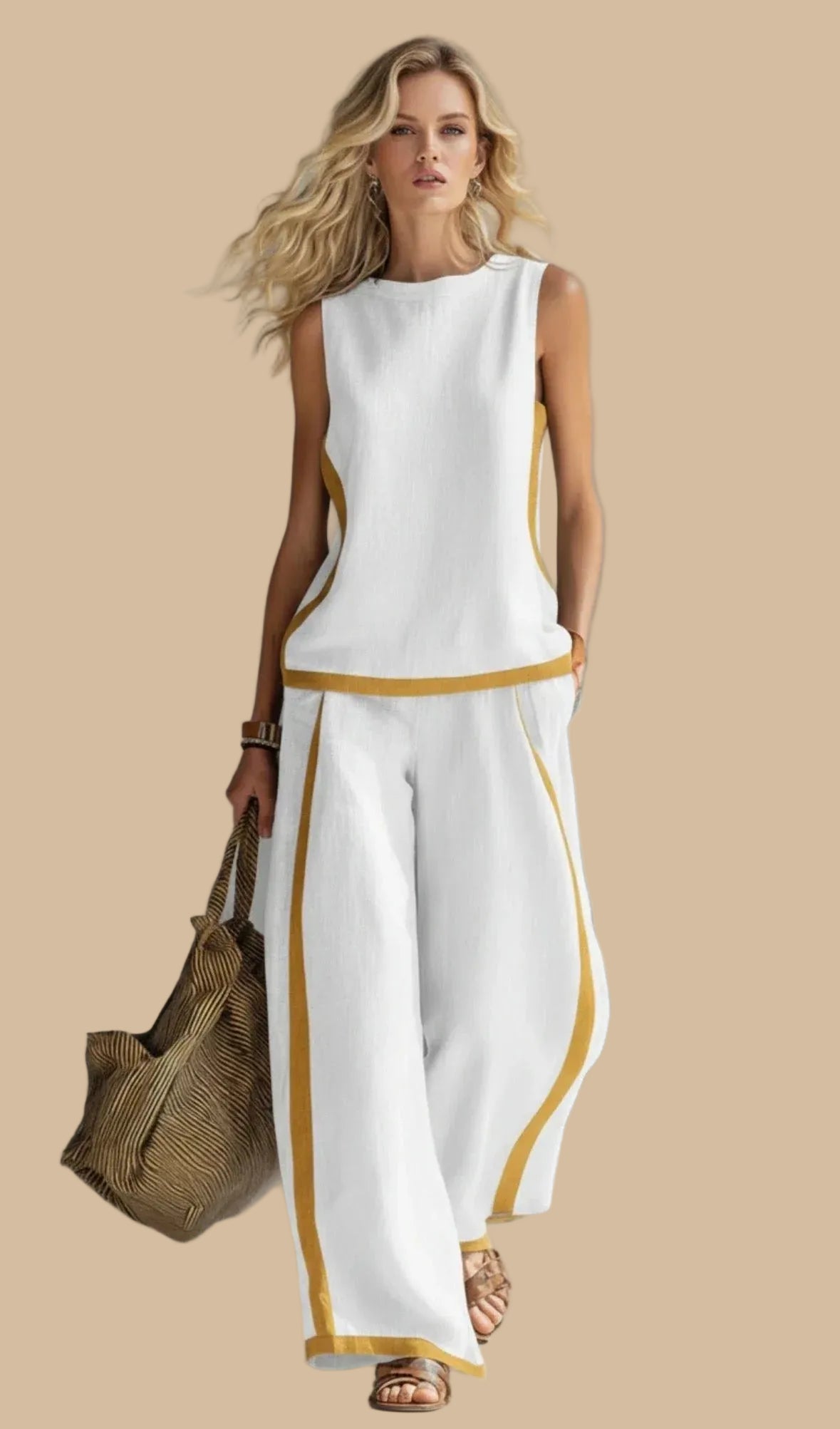 Conjunto fluido de lino con pantalón ancho y detalle en contraste