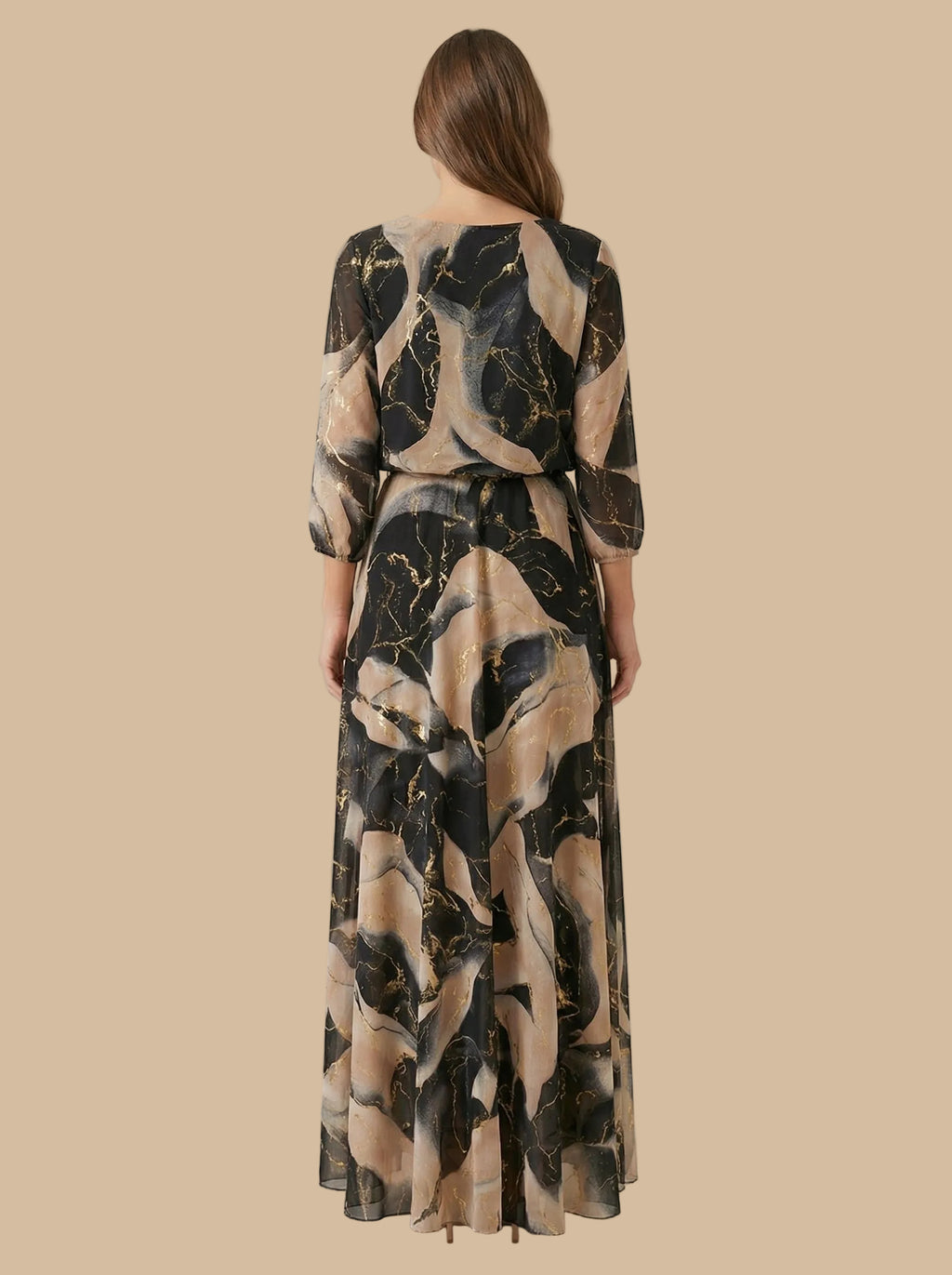 ✨Vestido Largo Estampado Mármol con Manga 3/4 y Cintura Ajustada