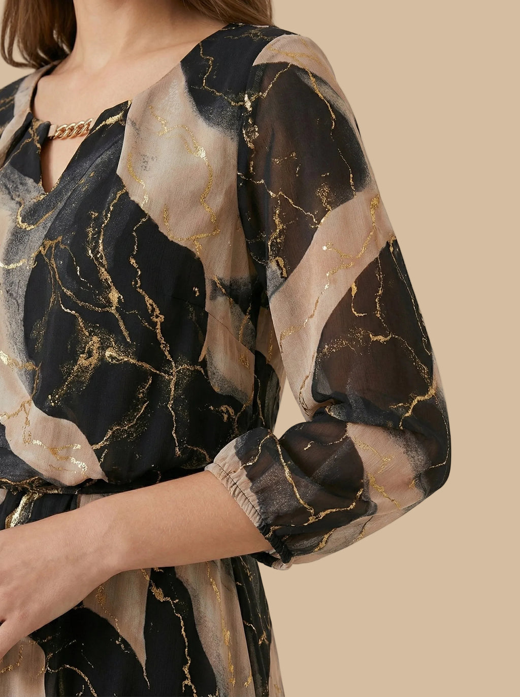 ✨Vestido Largo Estampado Mármol con Manga 3/4 y Cintura Ajustada