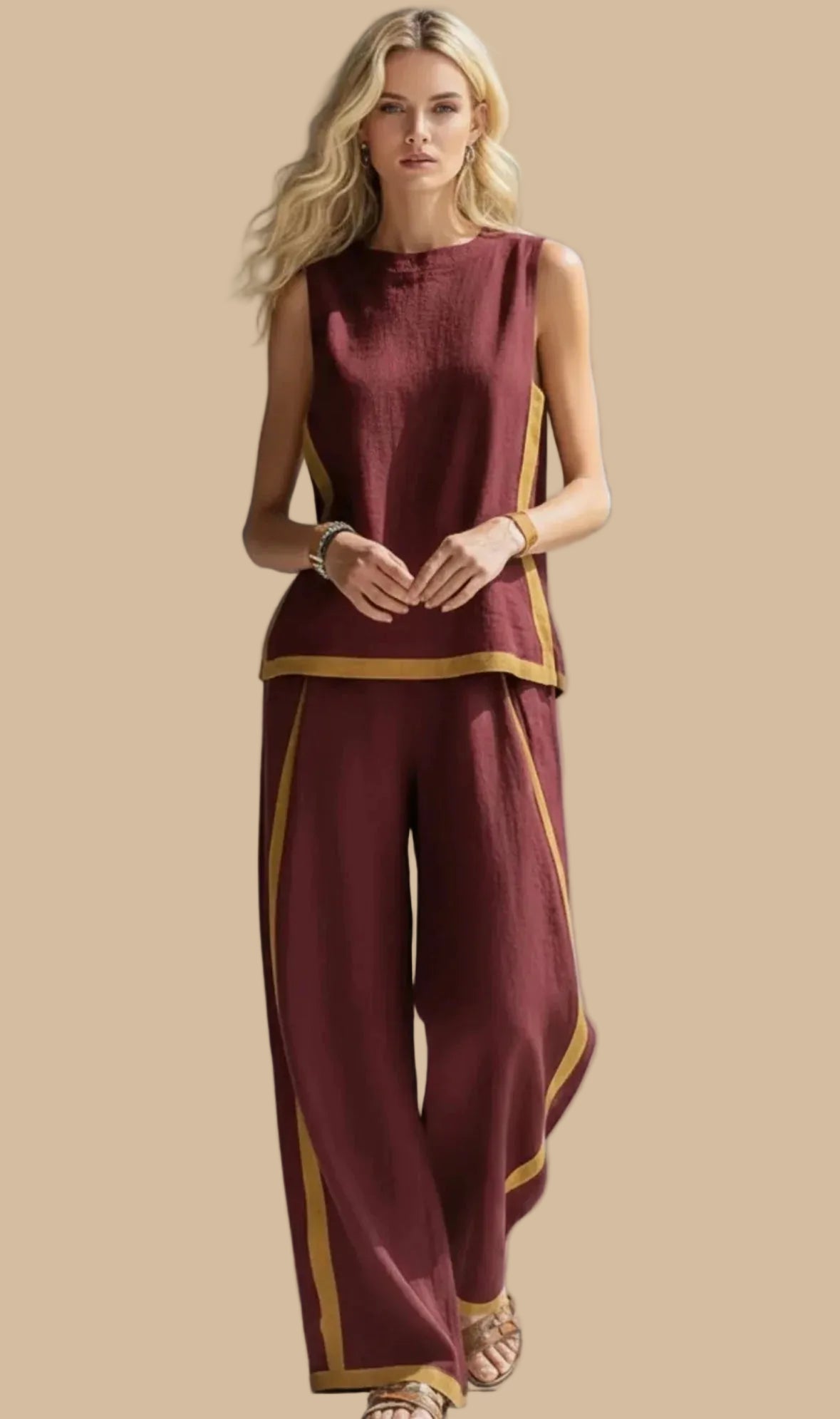 Conjunto fluido de lino con pantalón ancho y detalle en contraste