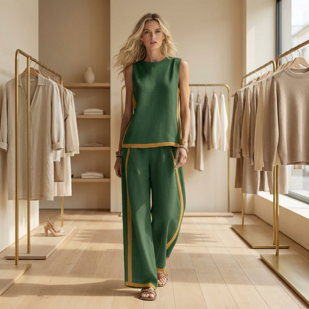 Conjunto fluido de lino con pantalón ancho y detalle en contraste