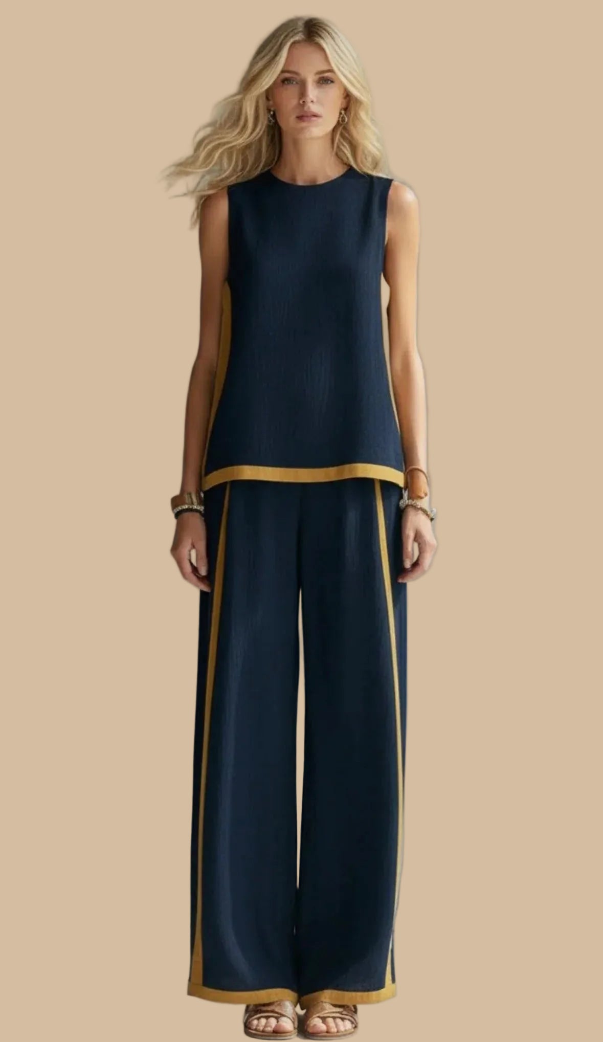 Conjunto fluido de lino con pantalón ancho y detalle en contraste