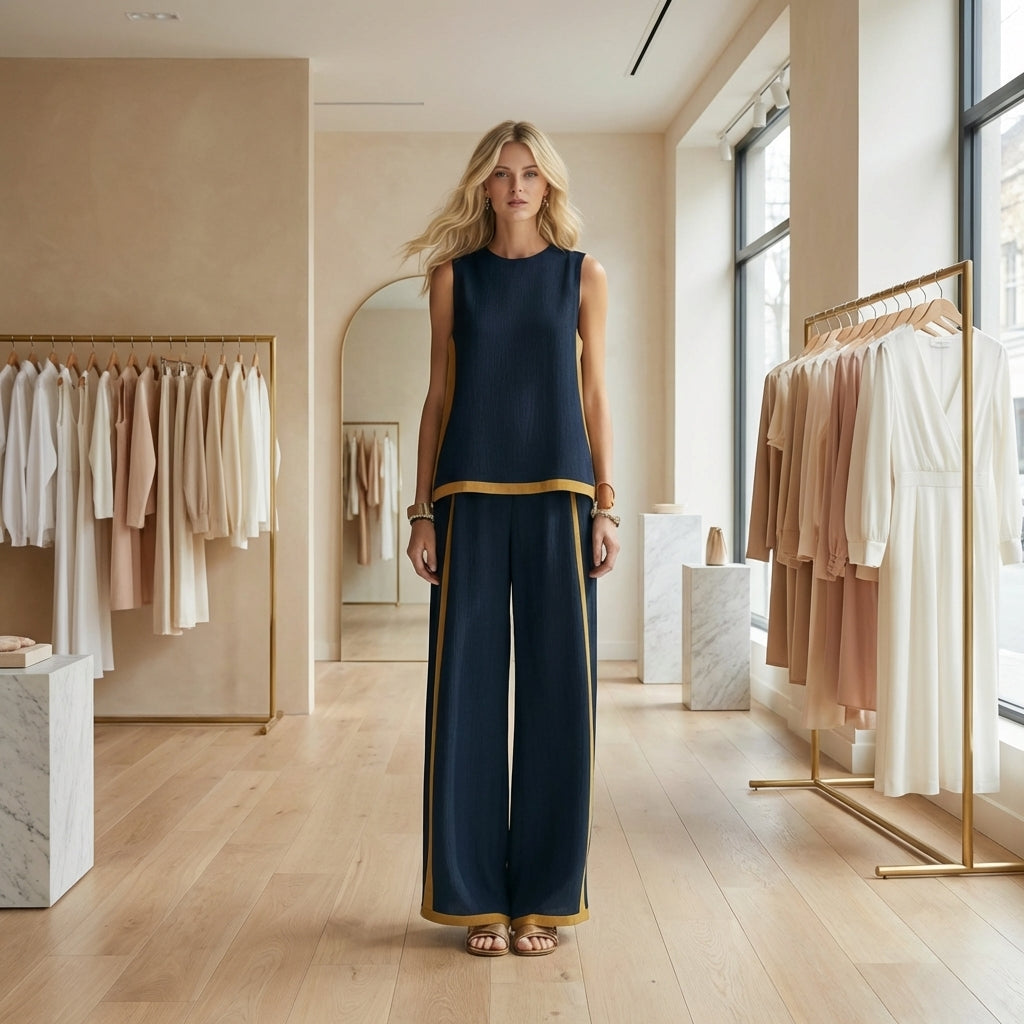 Conjunto fluido de lino con pantalón ancho y detalle en contraste