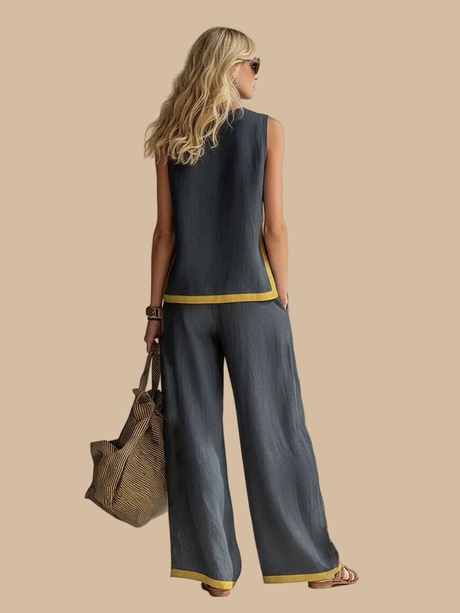 Conjunto fluido de lino con pantalón ancho y detalle en contraste