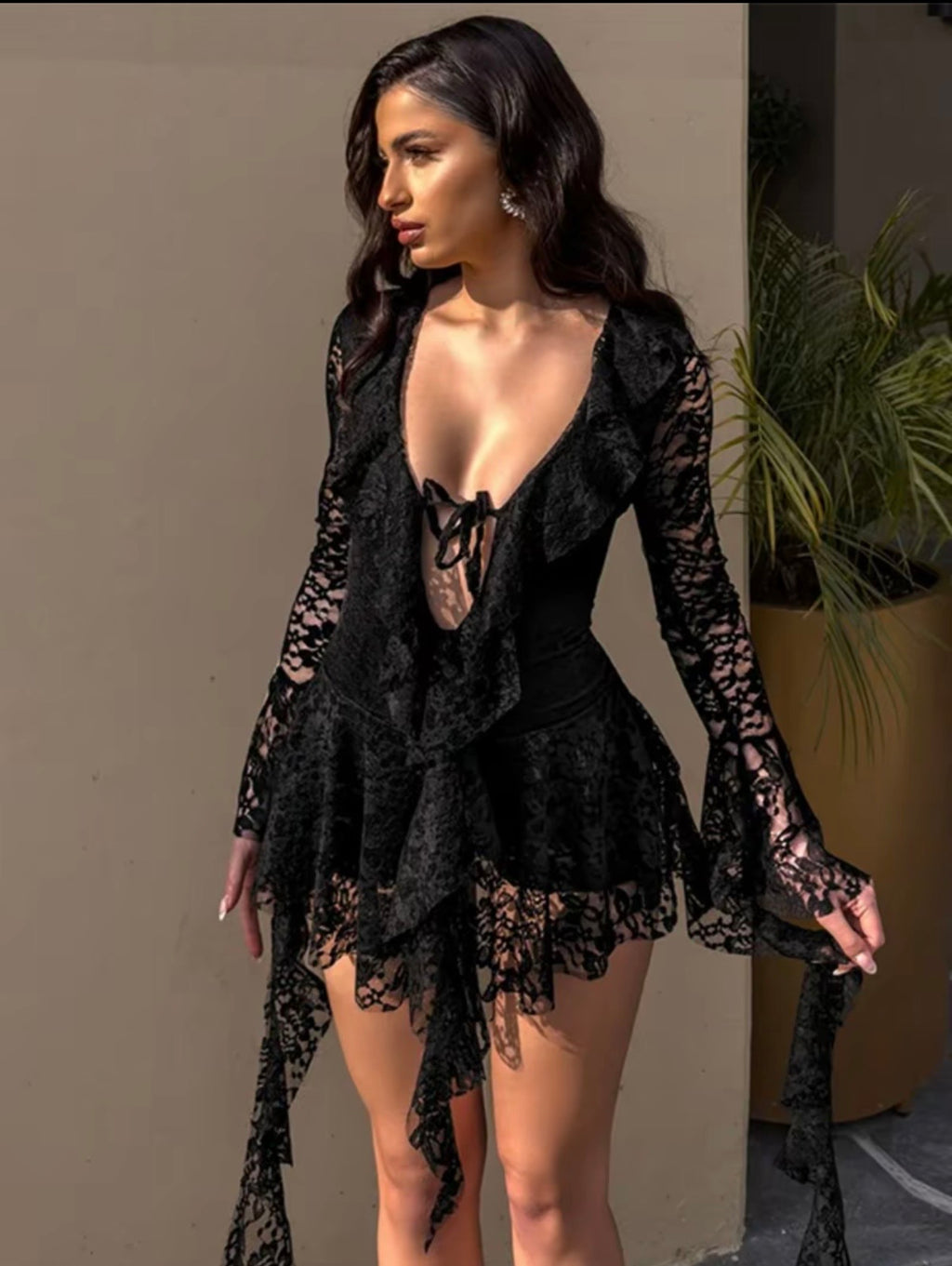 Noir Asymmetric Lace Dress