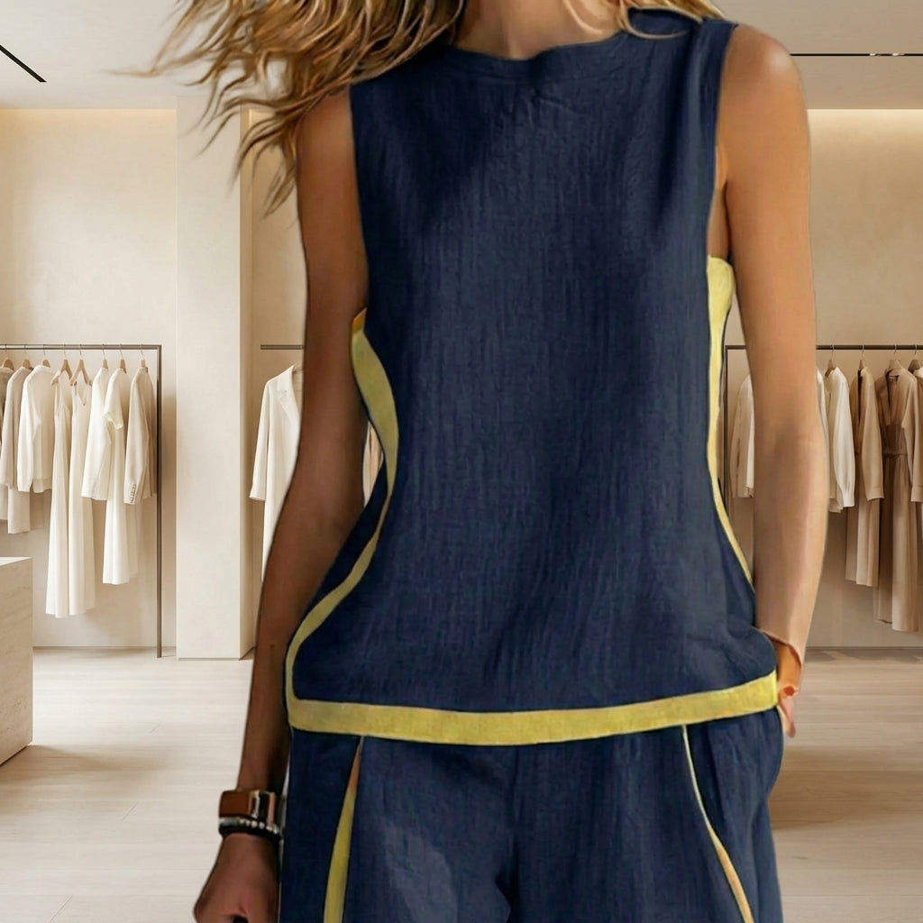 ✨Conjunto fluido de lino con pantalón ancho y detalle en contraste