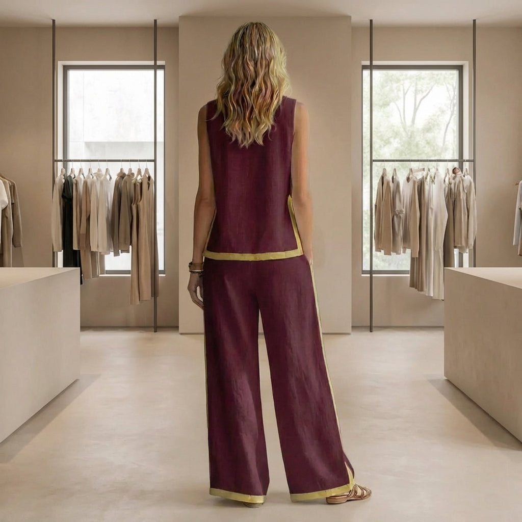✨Conjunto fluido de lino con pantalón ancho y detalle en contraste