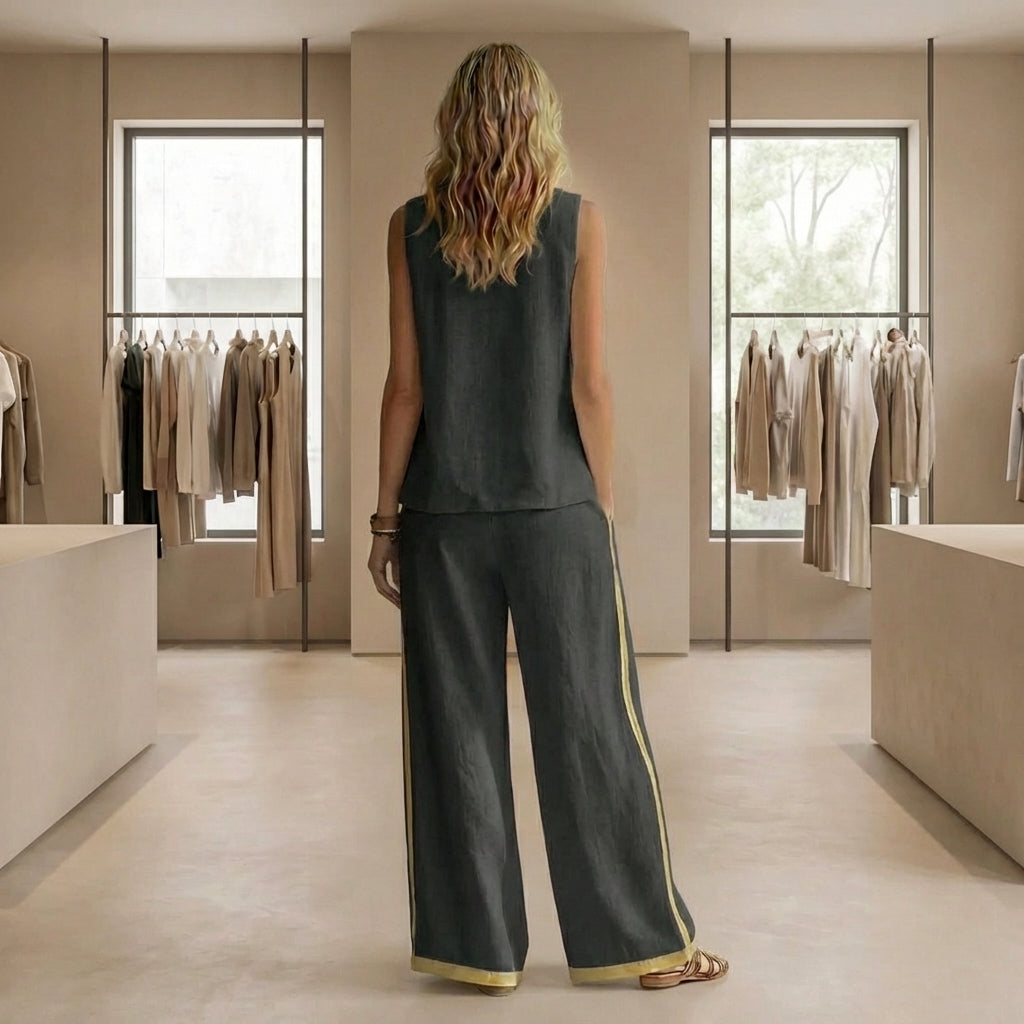 ✨Conjunto fluido de lino con pantalón ancho y detalle en contraste