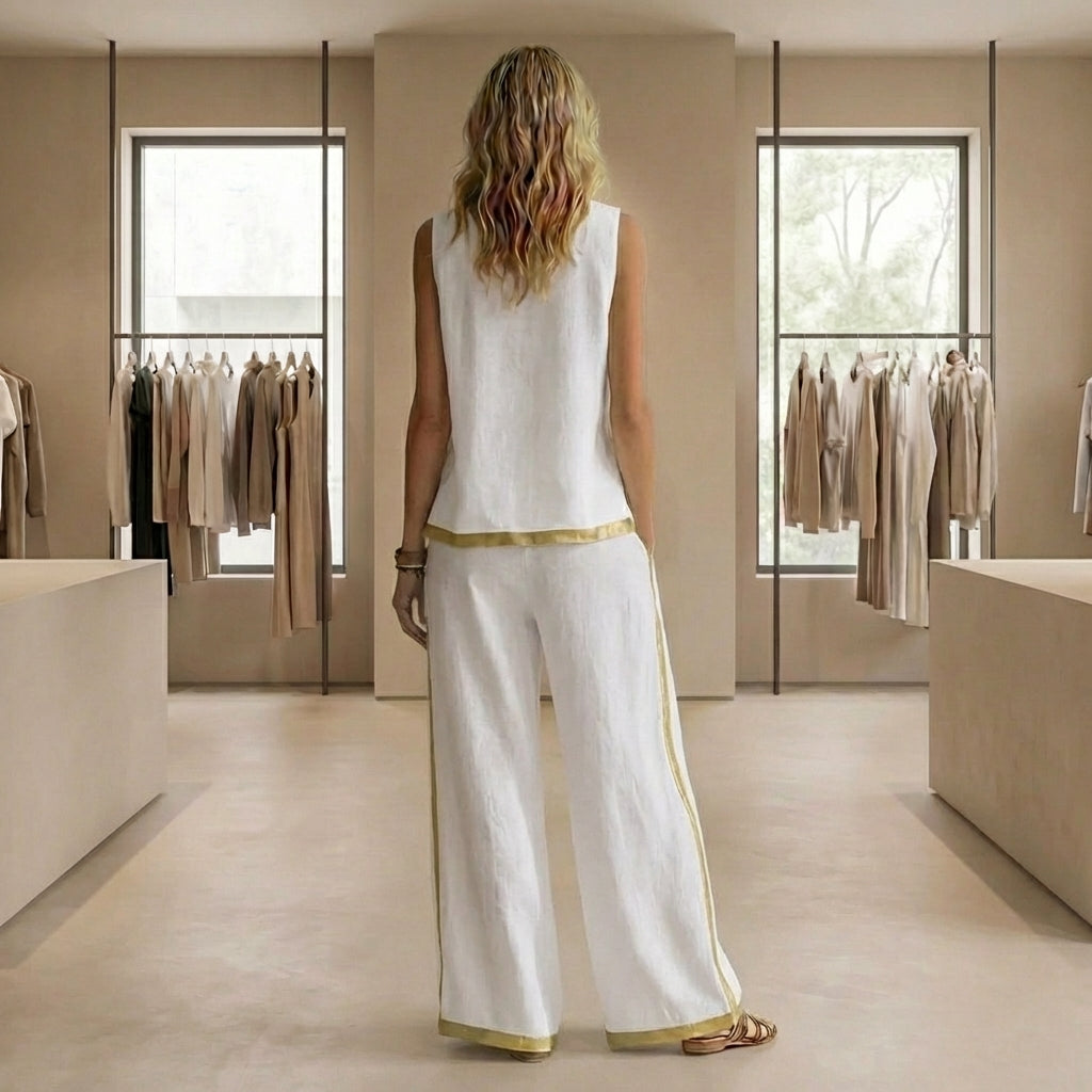 ✨Conjunto fluido de lino con pantalón ancho y detalle en contraste