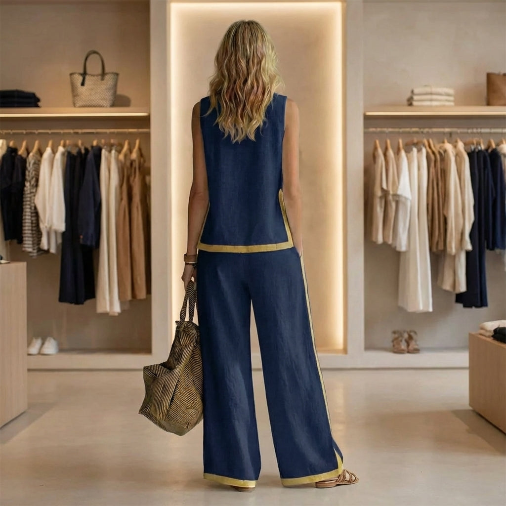 ✨Conjunto fluido de lino con pantalón ancho y detalle en contraste