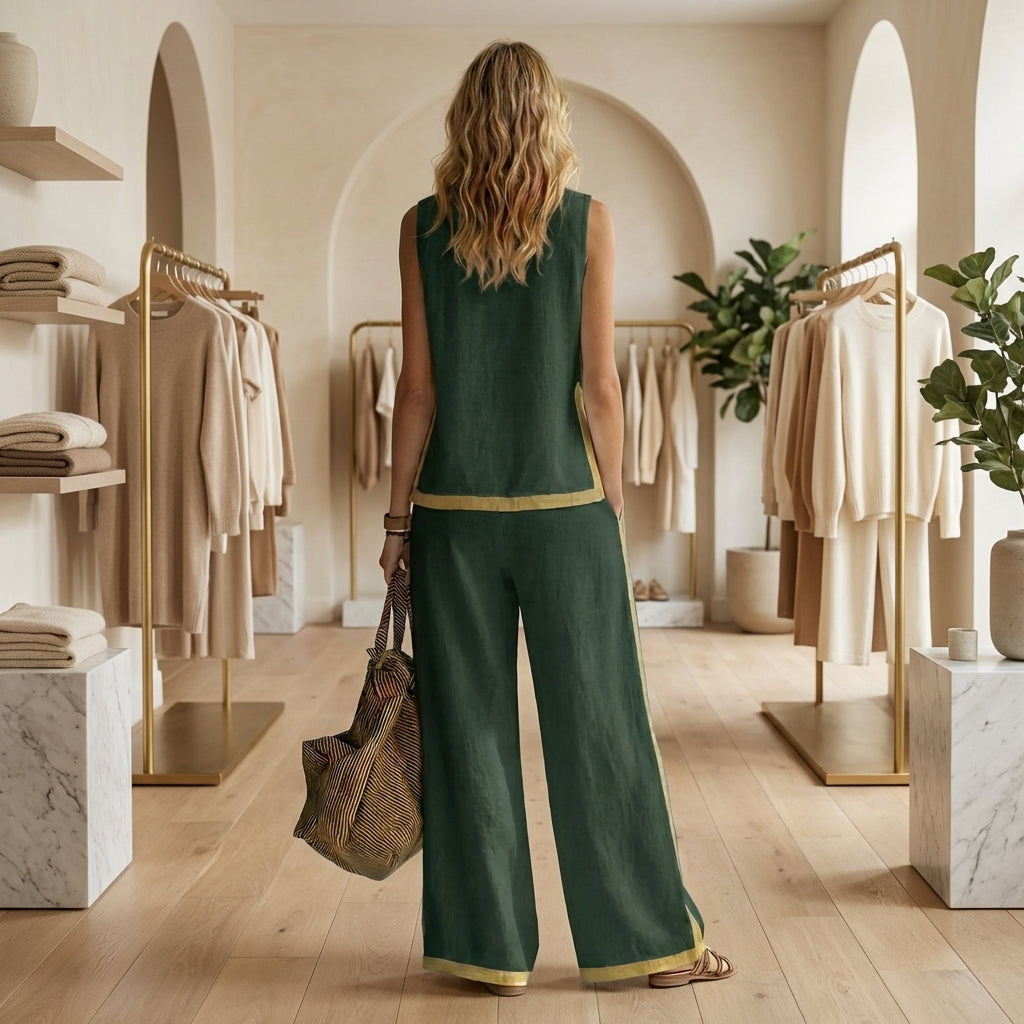 ✨Conjunto fluido de lino con pantalón ancho y detalle en contraste