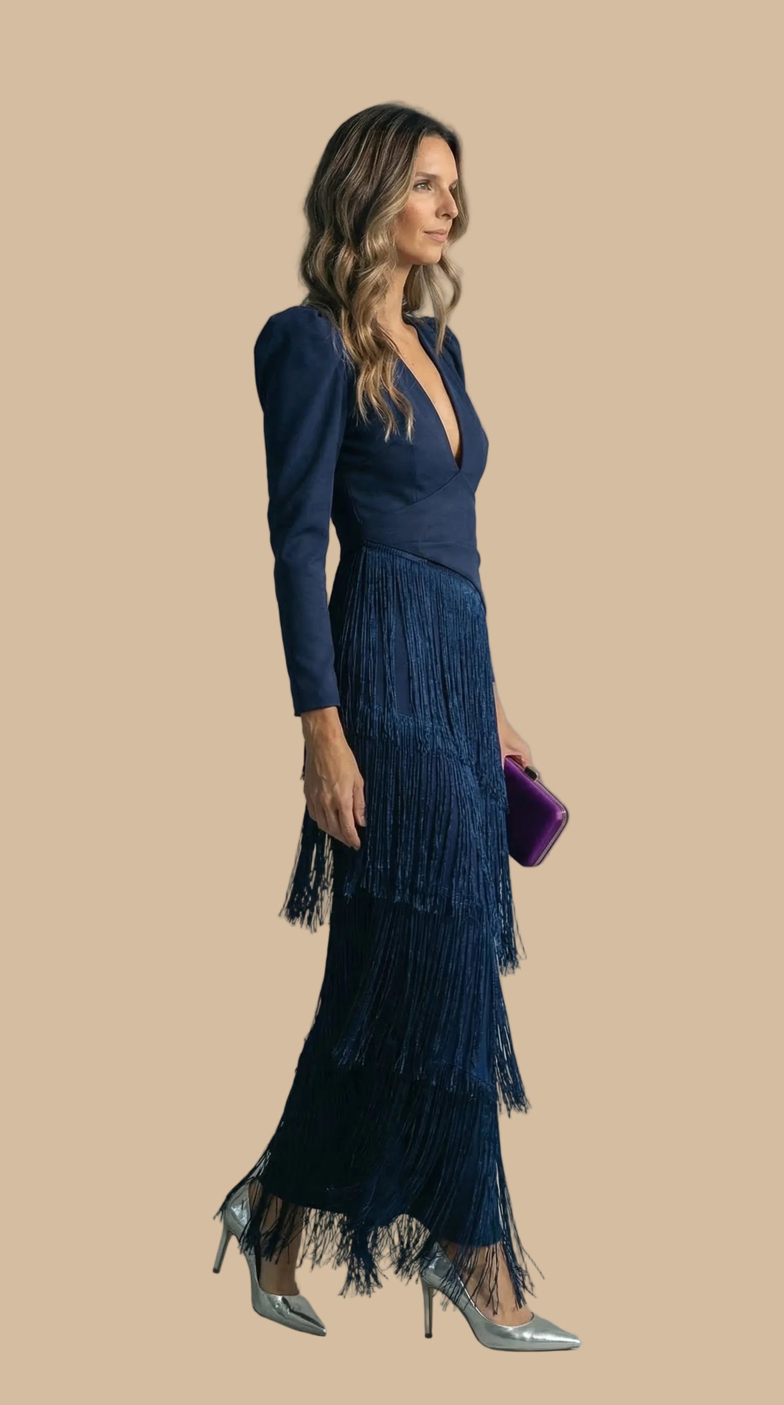 Long Dress with Fringes and V-Neck – Elegant Party Dress
