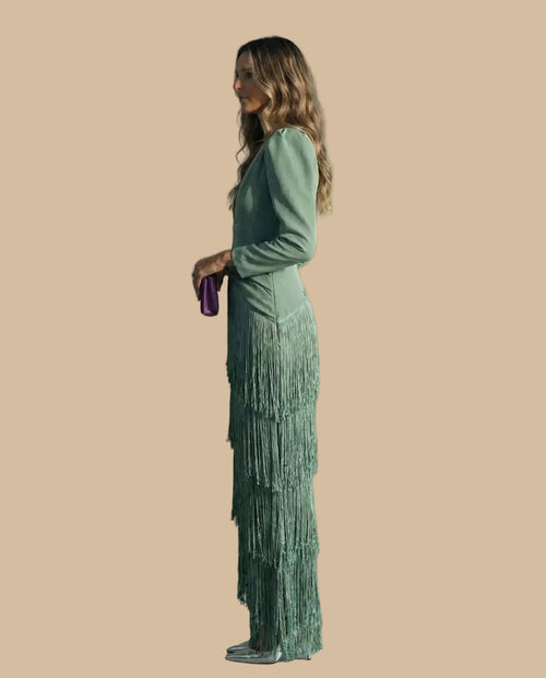 Long Dress with Fringes and V-Neck – Elegant Party Dress