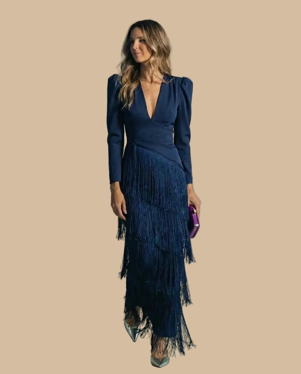 Long Dress with Fringes and V-Neck – Elegant Party Dress
