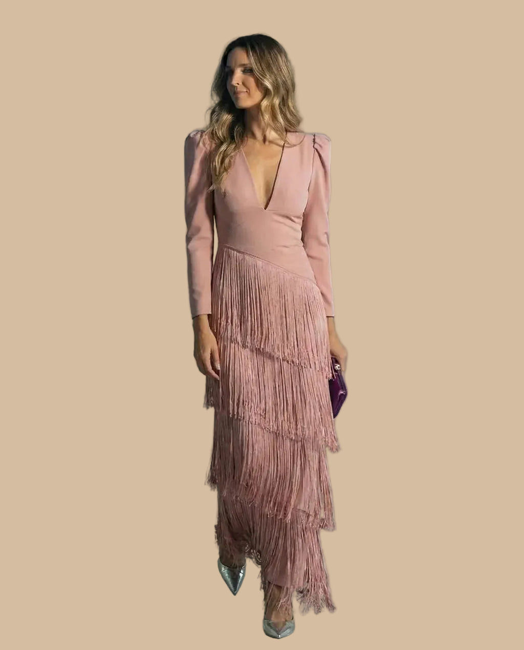 Long Dress with Fringes and V-Neck – Elegant Party Dress