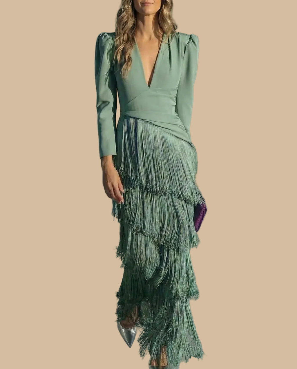 Long Dress with Fringes and V-Neck – Elegant Party Dress
