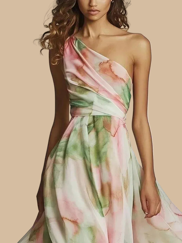 Celestina · Asymmetric Maxi Dress with Artistic Print