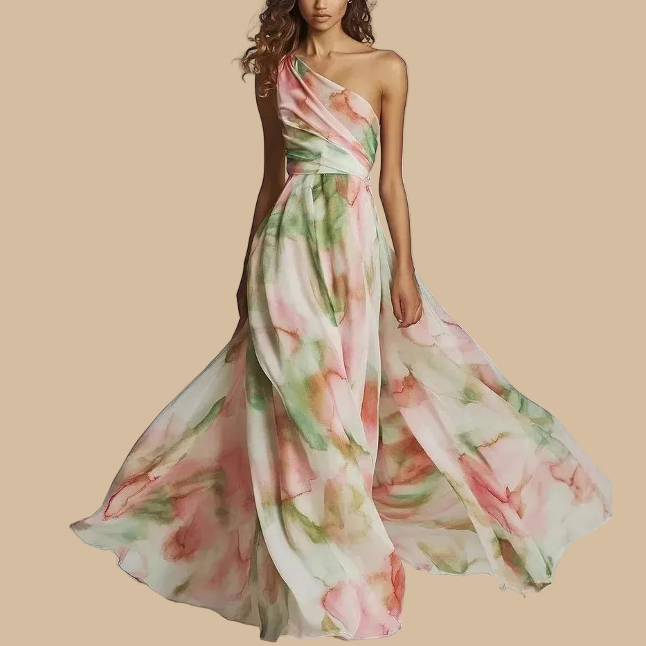 Celestina · Asymmetric Maxi Dress with Artistic Print