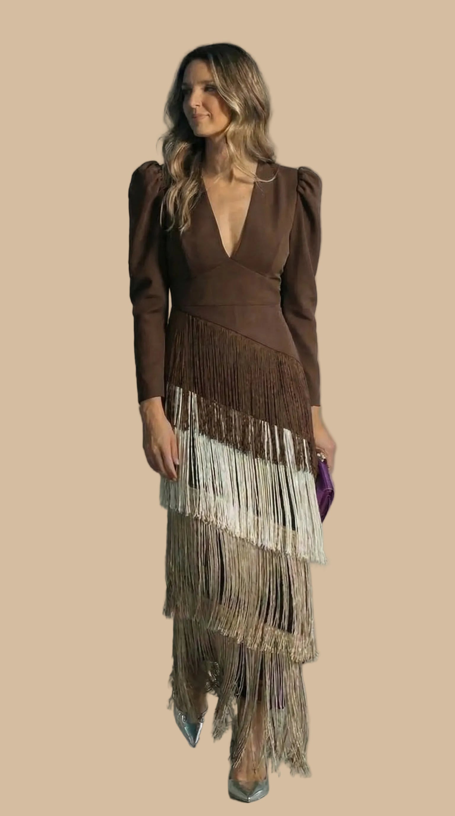 Long Dress with Fringes and V-Neck – Elegant Party Dress