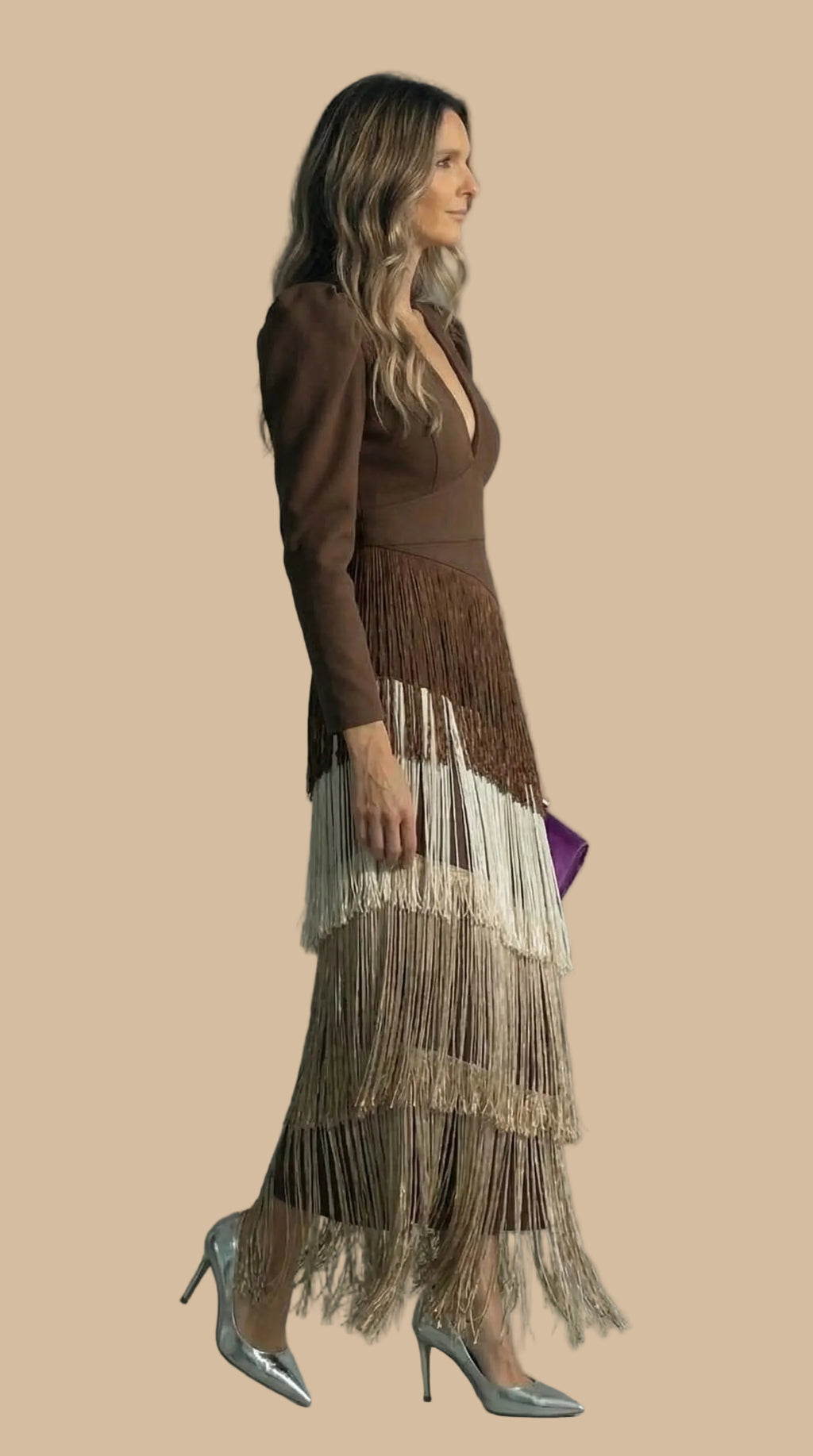 Long Dress with Fringes and V-Neck – Elegant Party Dress