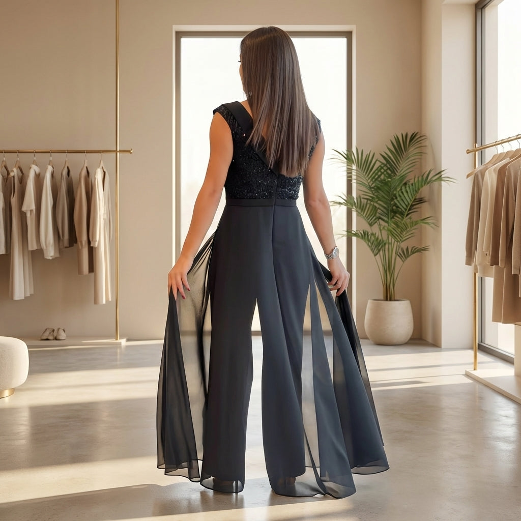 ✨ Mono Negro Elegante con Sobre Falda de Gasa y Detalle Brillante – Sofisticación que Impacta