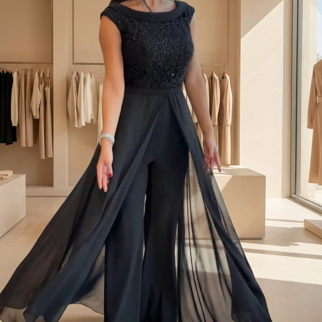 ✨ Mono Negro Elegante con Sobre Falda de Gasa y Detalle Brillante – Sofisticación que Impacta