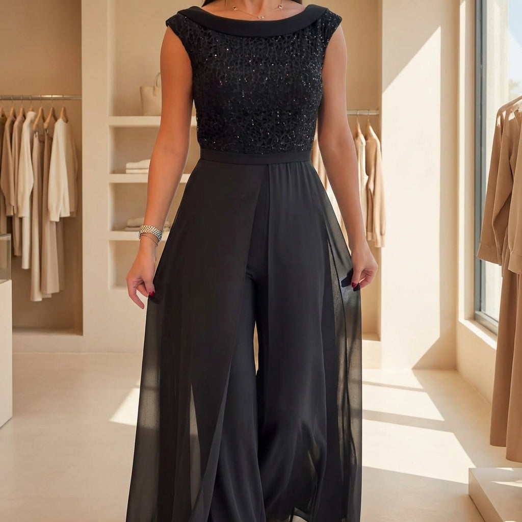 ✨ Mono Negro Elegante con Sobre Falda de Gasa y Detalle Brillante – Sofisticación que Impacta