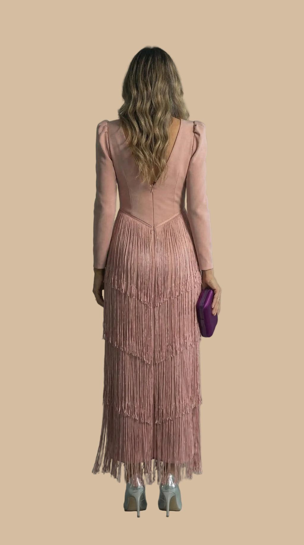 Long Dress with Fringes and V-Neck – Elegant Party Dress