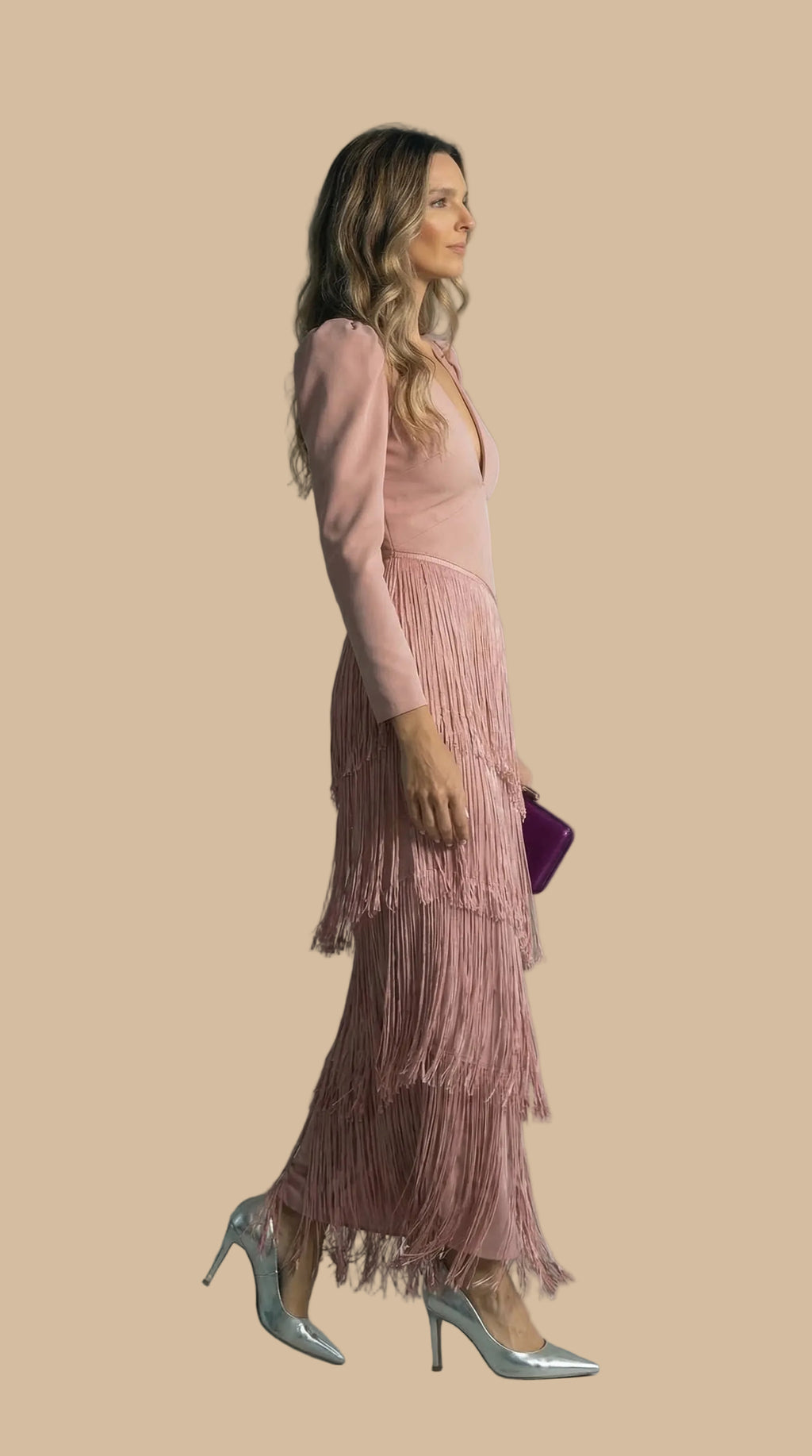 Long Dress with Fringes and V-Neck – Elegant Party Dress